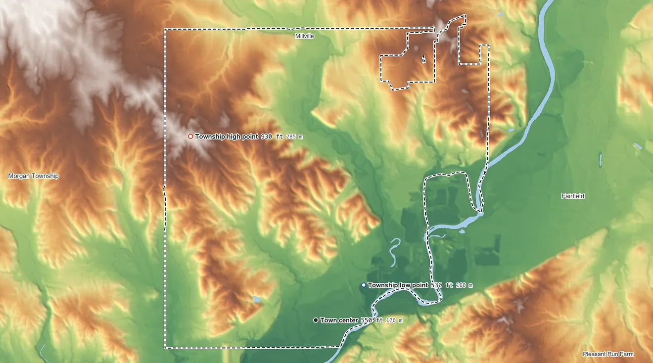 Topographic elevation map of Ross Township, Ohio, shaded from 530 ft on the northeast side to 930 ft on the northwest side