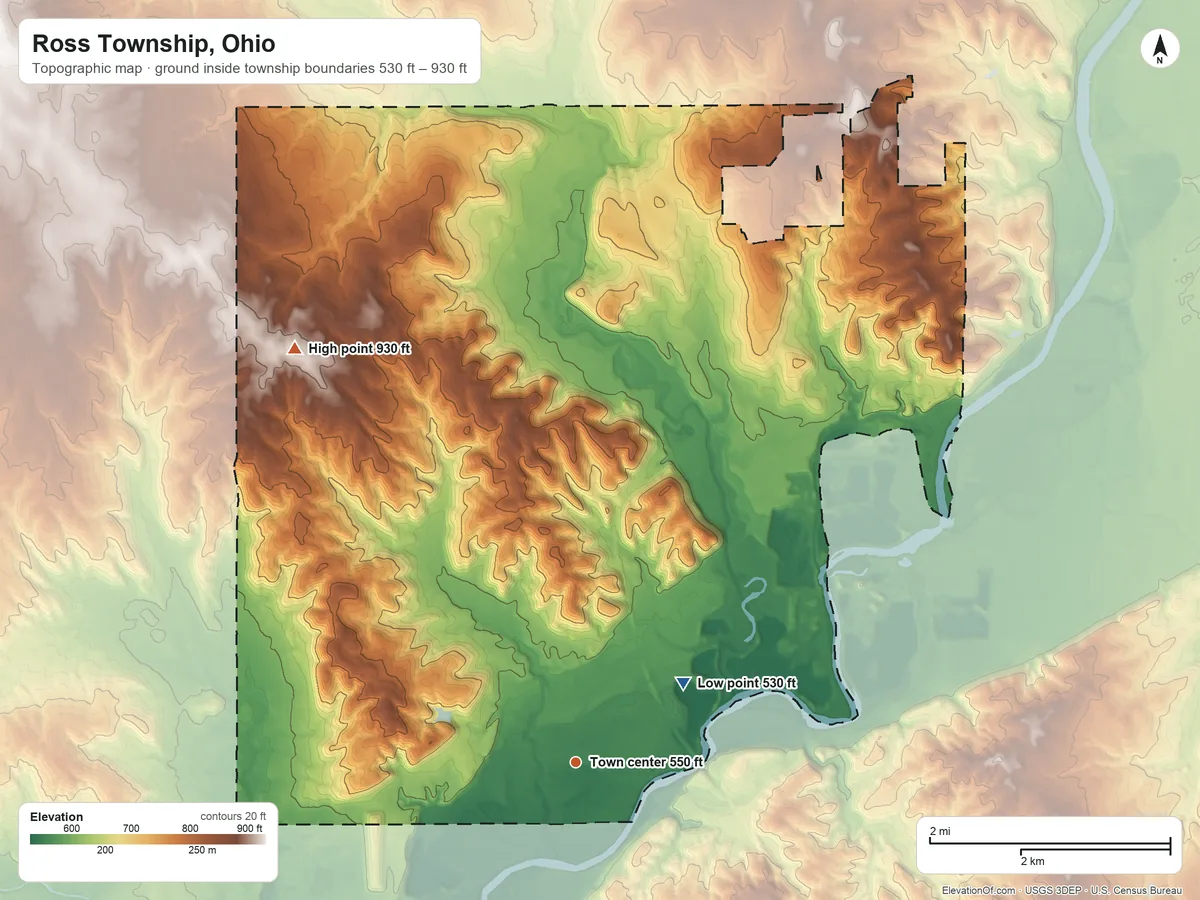 Topographic elevation map of Ross Township, Ohio, shaded from 530 ft on the northeast side to 930 ft on the northwest side