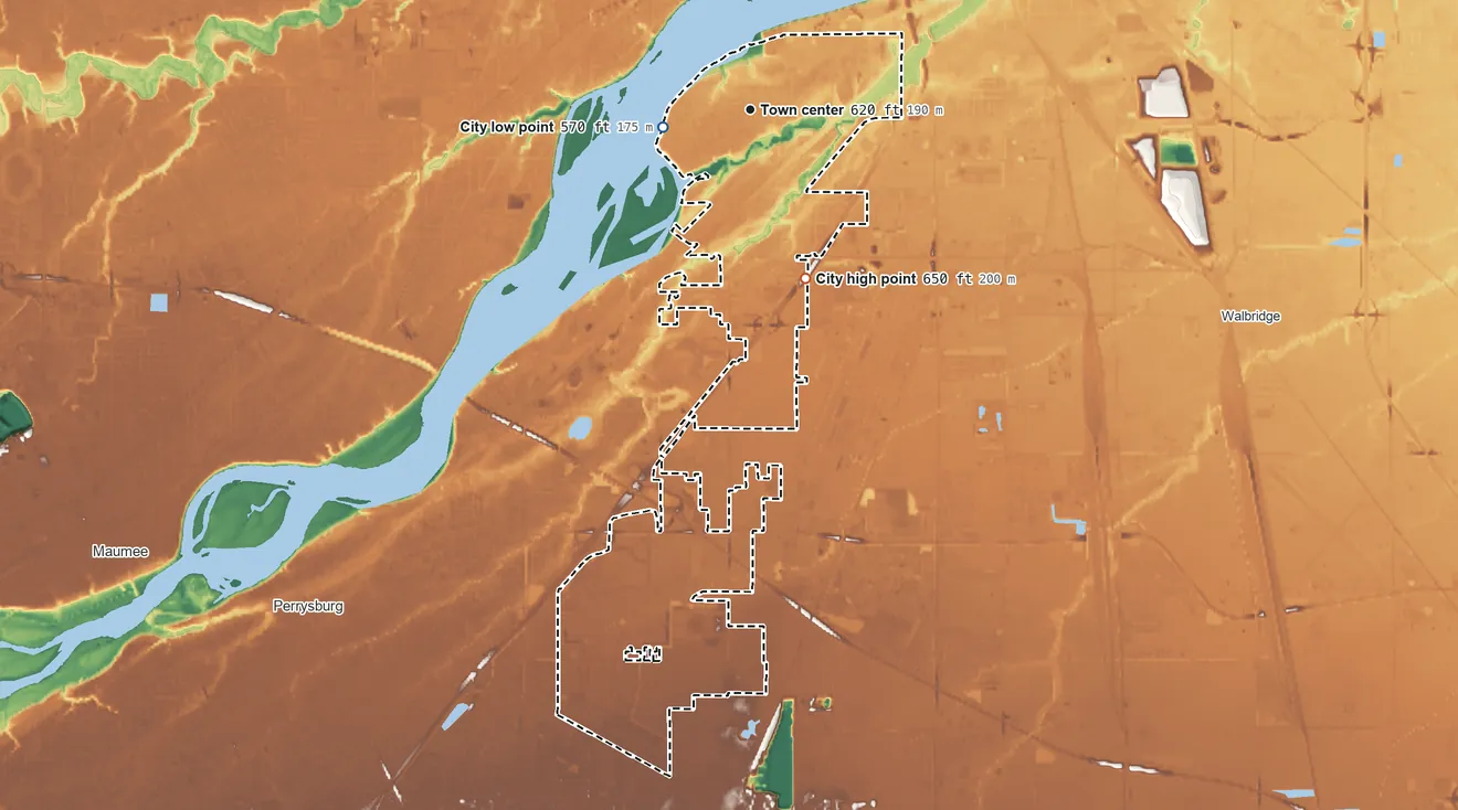 Topographic elevation map of Rossford, Ohio, shaded from 570 ft on the west side to 650 ft on the south side