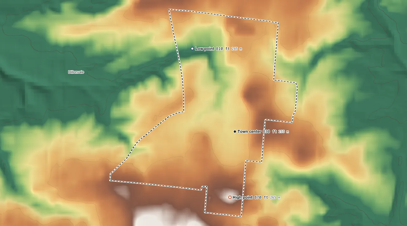 Topographic elevation map of Rossmoyne, Ohio, shaded from 810 ft on the northwest side to 870 ft on the south side