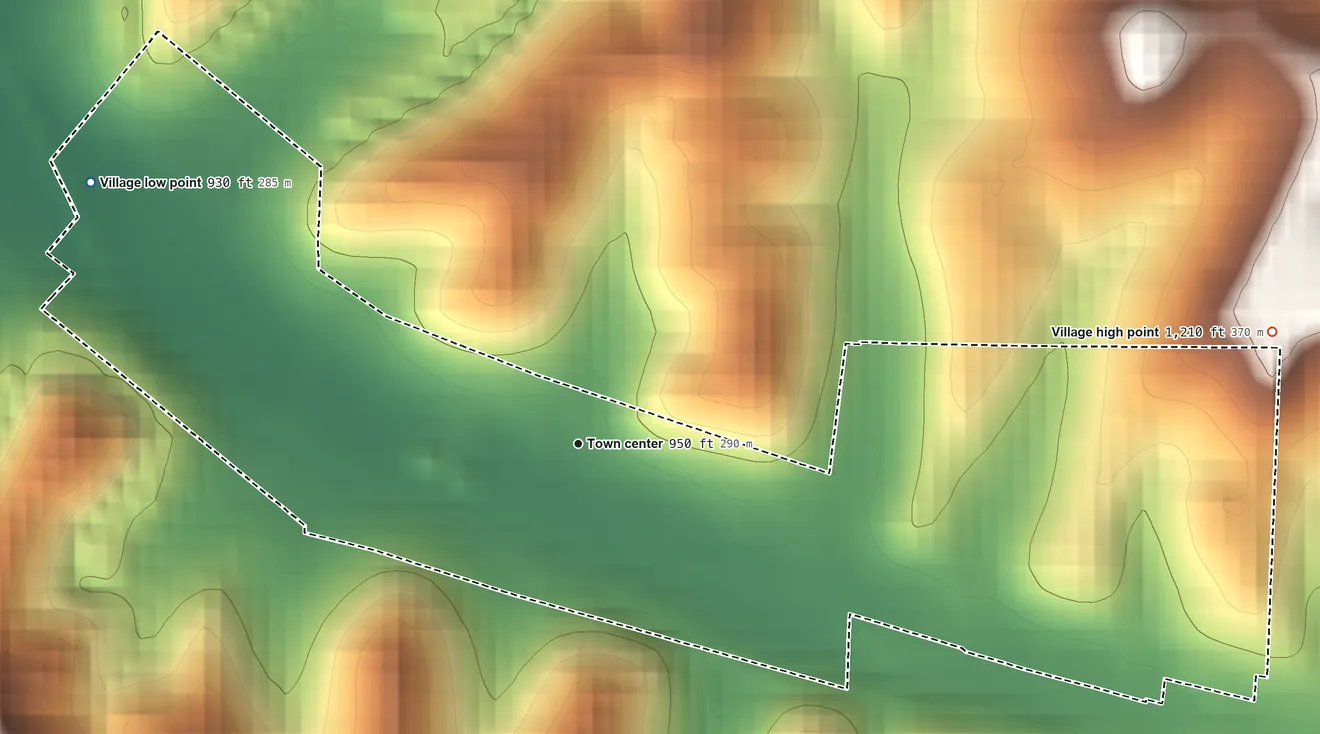 Topographic elevation map of Roswell, Ohio, shaded from 930 ft on the northwest side to 1,210 ft on the east side