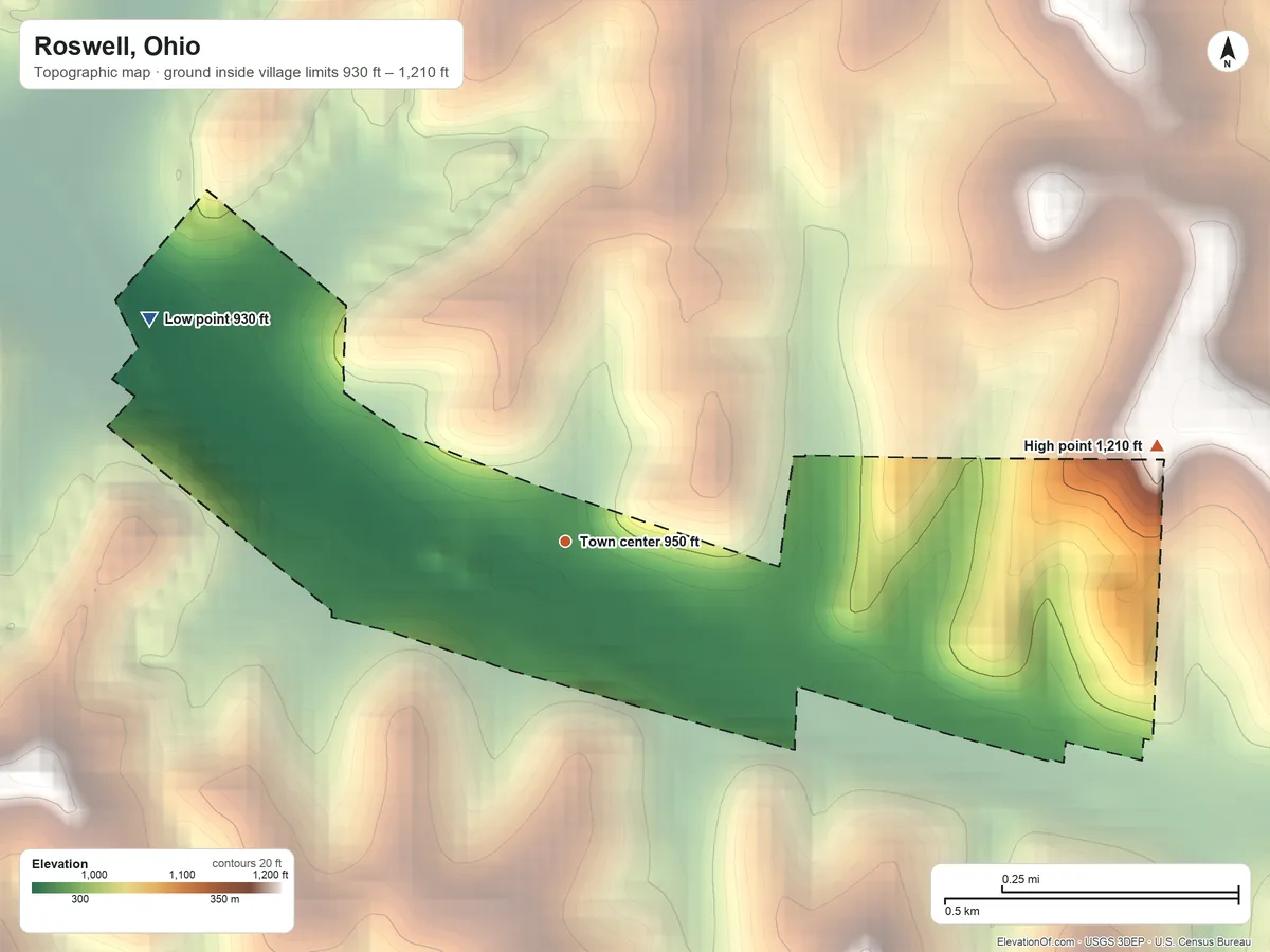 Topographic elevation map of Roswell, Ohio, shaded from 930 ft on the northwest side to 1,210 ft on the east side