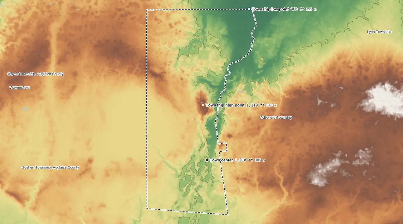 Topographic elevation map of Roundhead Township, Ohio, shaded from 960 ft on the north side to 1,110 ft on Anstine Hill