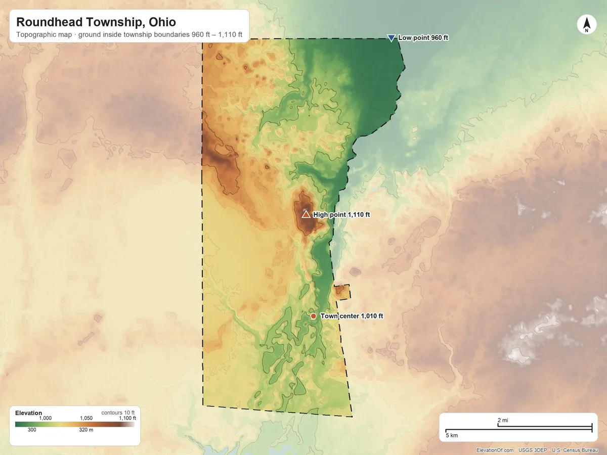 Topographic elevation map of Roundhead Township, Ohio, shaded from 960 ft on the north side to 1,110 ft on Anstine Hill