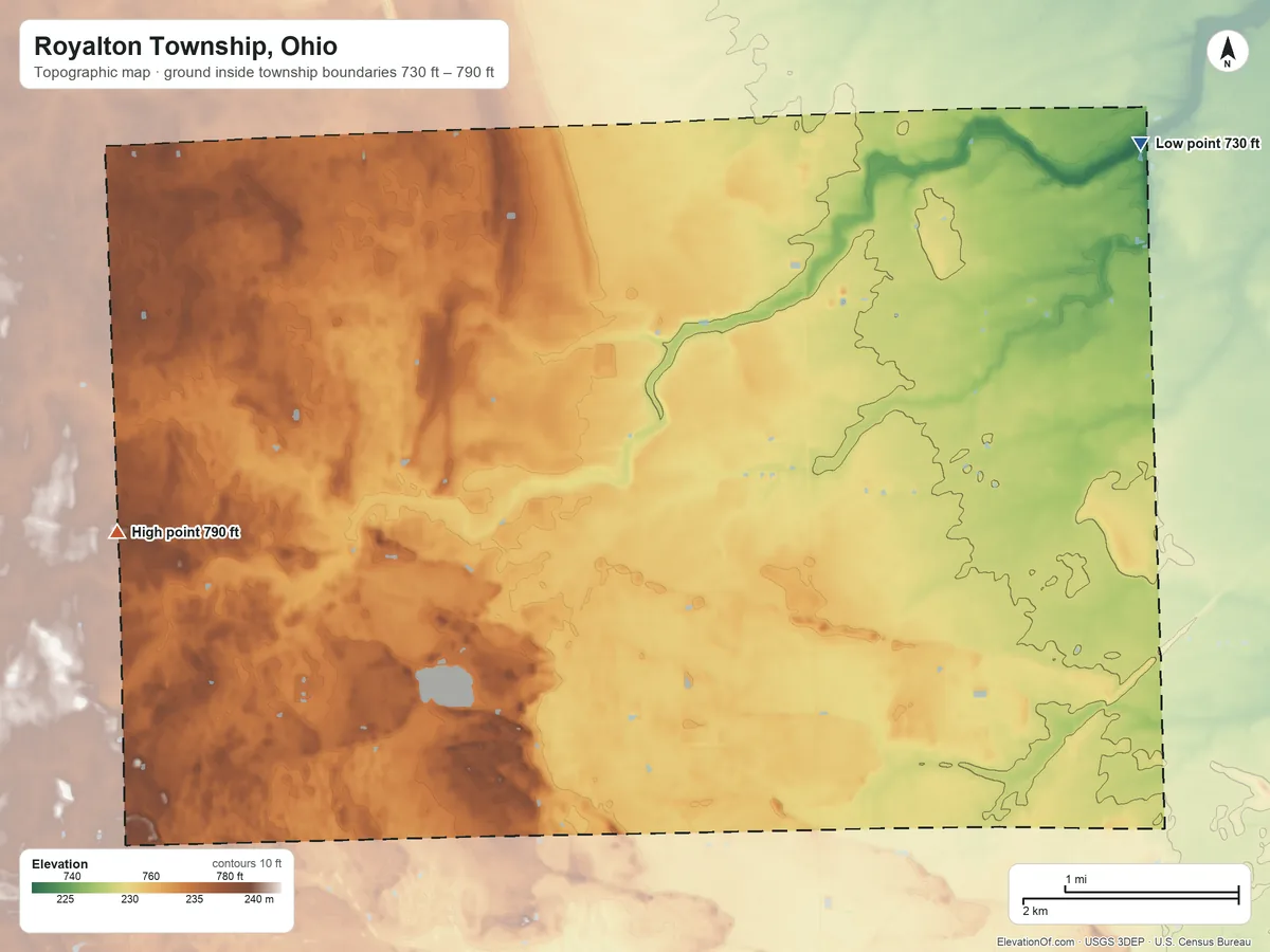 Topographic elevation map of Royalton Township, Ohio, shaded from 730 ft on the northeast side to 790 ft on the west side