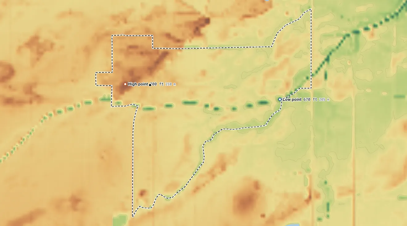 Topographic elevation map of Rudolph, Ohio, shaded from 670 ft on the east side to 700 ft near the middle