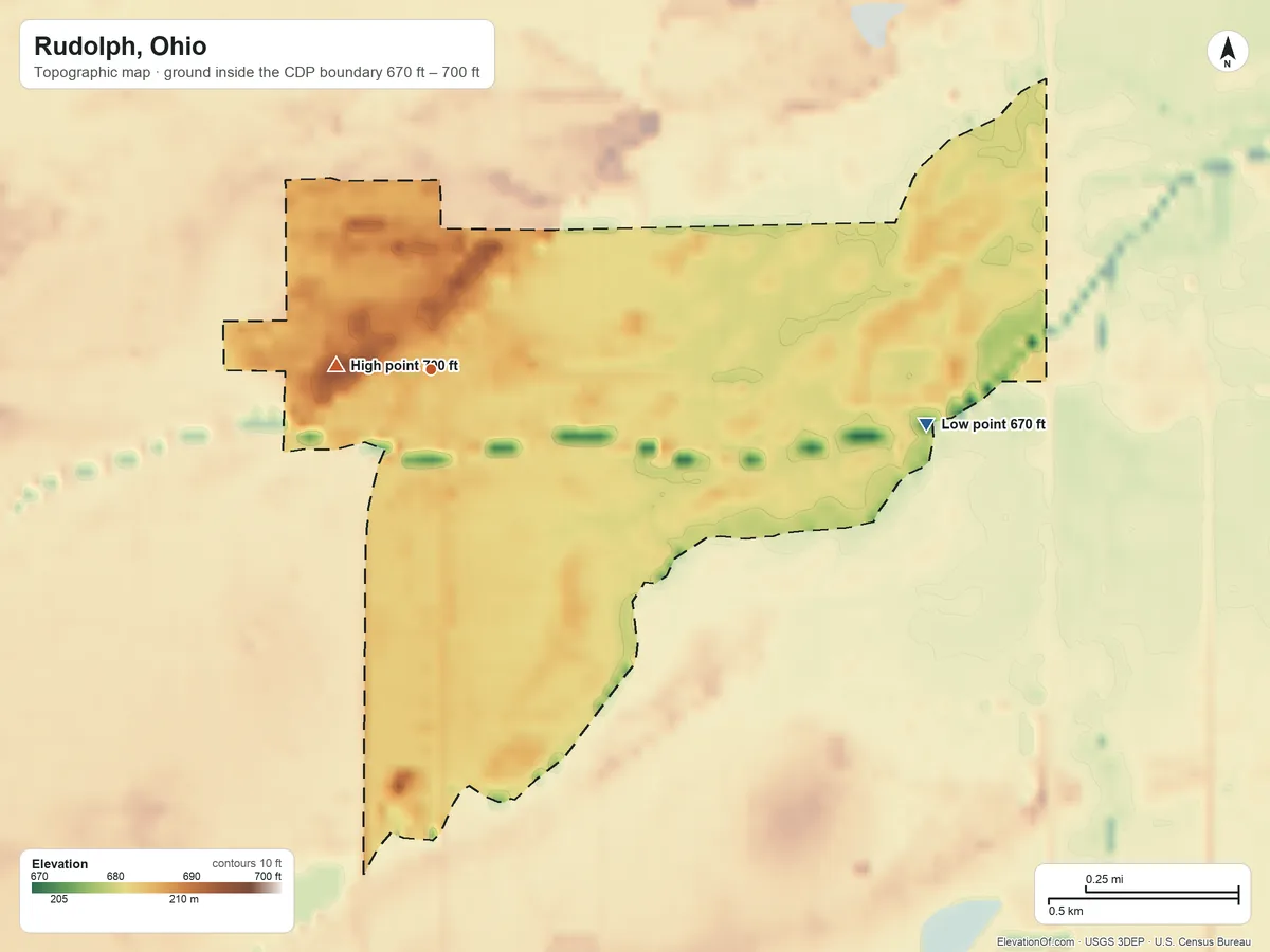 Topographic elevation map of Rudolph, Ohio, shaded from 670 ft on the east side to 700 ft near the middle