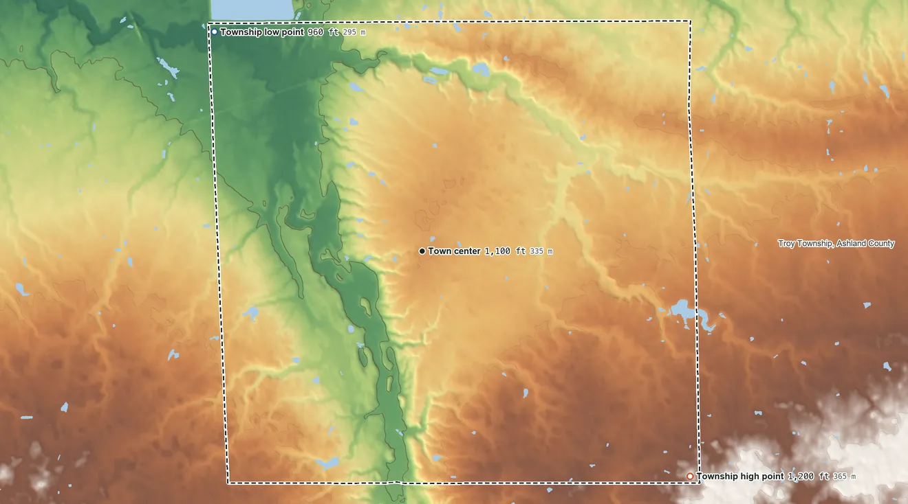 Topographic elevation map of Ruggles Township, Ohio, shaded from 960 ft on the northwest side to 1,200 ft on the southeast side