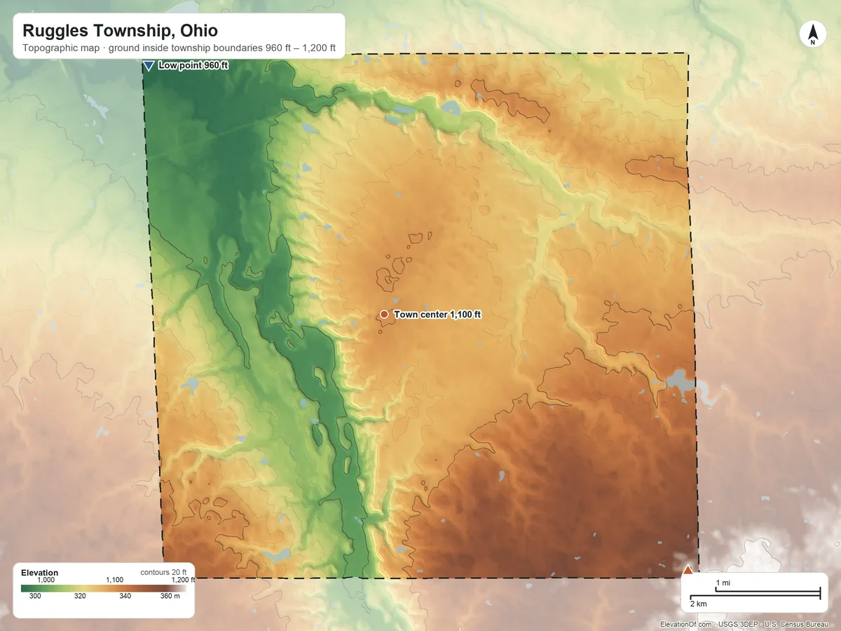 Topographic elevation map of Ruggles Township, Ohio, shaded from 960 ft on the northwest side to 1,200 ft on the southeast side