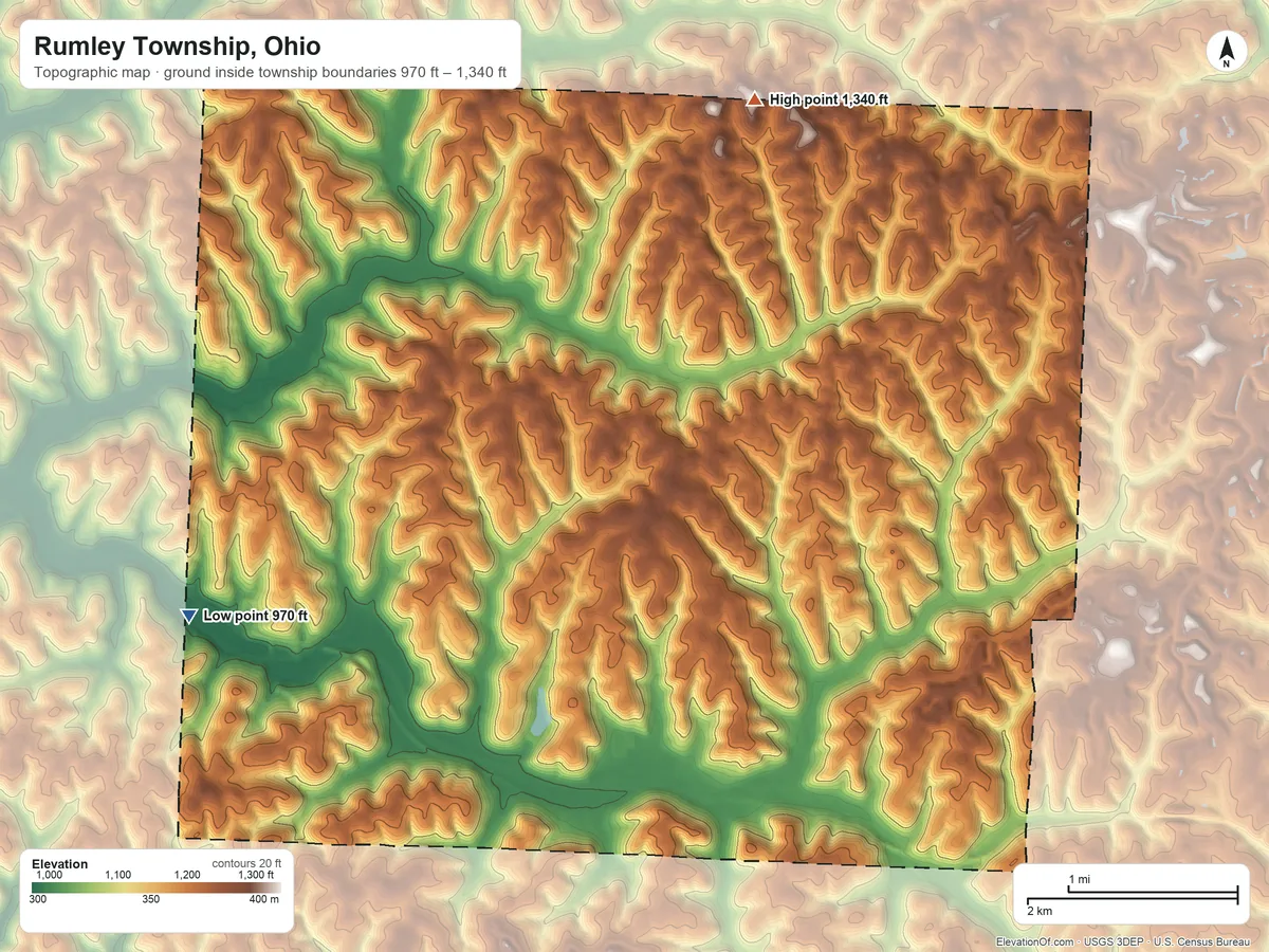 Topographic elevation map of Rumley Township, Ohio, shaded from 970 ft on the west side to 1,340 ft on the north side