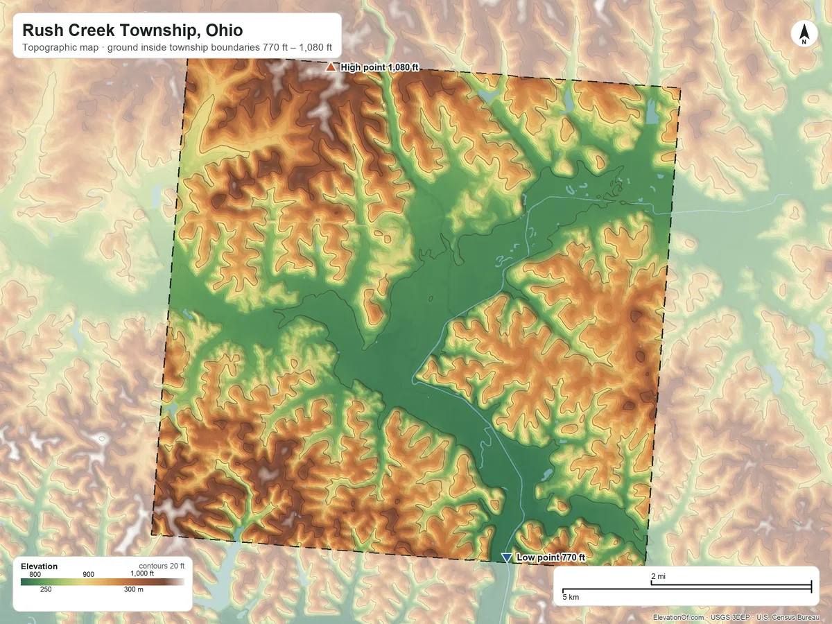Topographic elevation map of Rush Creek Township, Ohio, shaded from 770 ft on the southeast side to 1,080 ft on the north side
