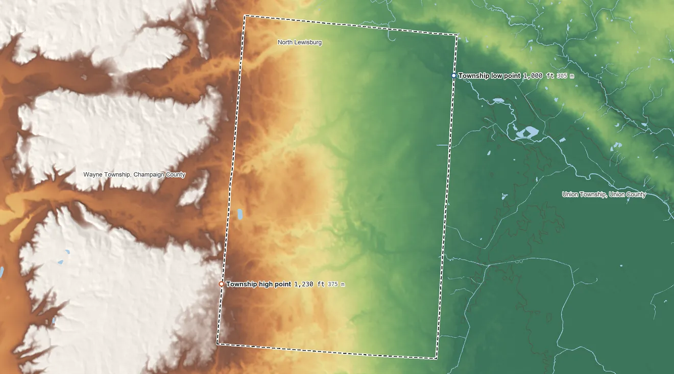 Topographic elevation map of Rush Township, Champaign County, Ohio, shaded from 1,000 ft on the east side to 1,230 ft on the south side