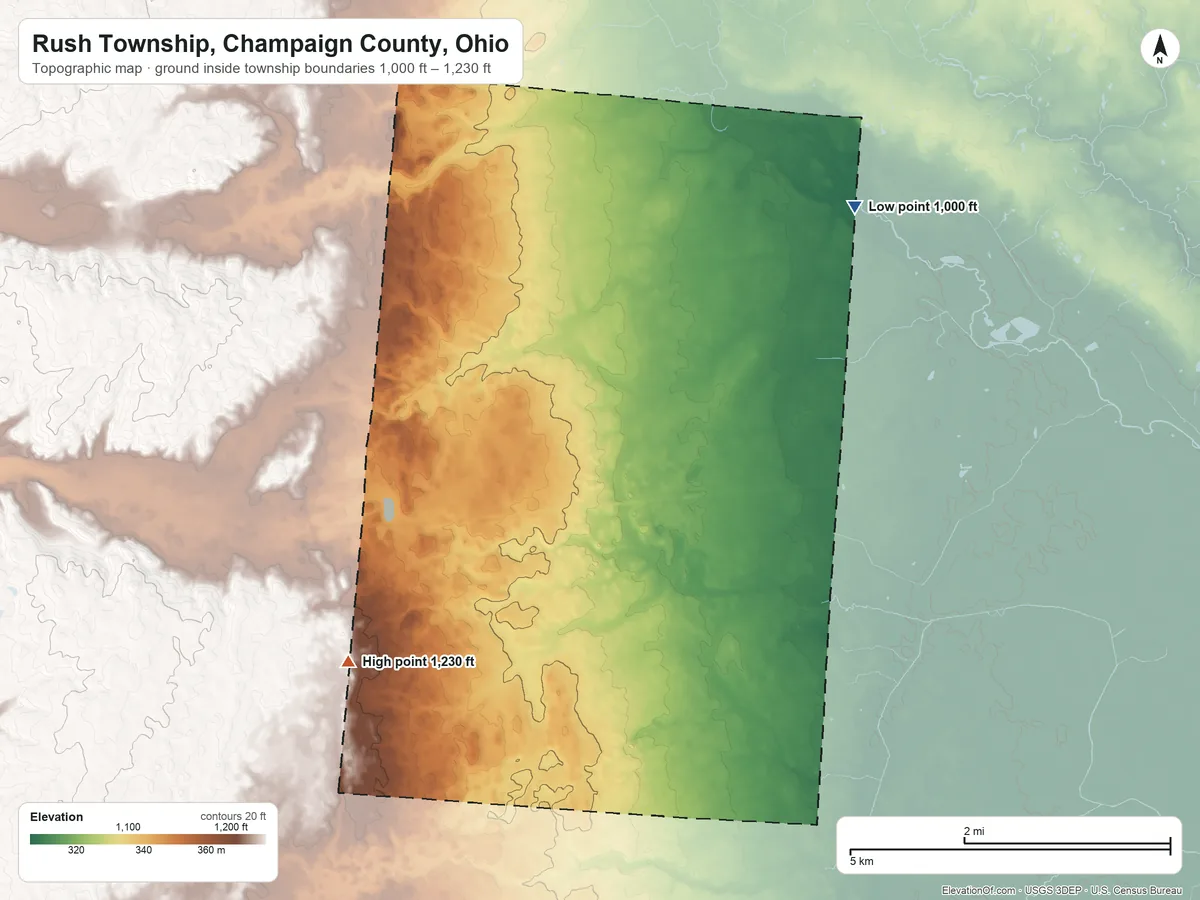 Topographic elevation map of Rush Township, Champaign County, Ohio, shaded from 1,000 ft on the east side to 1,230 ft on the south side