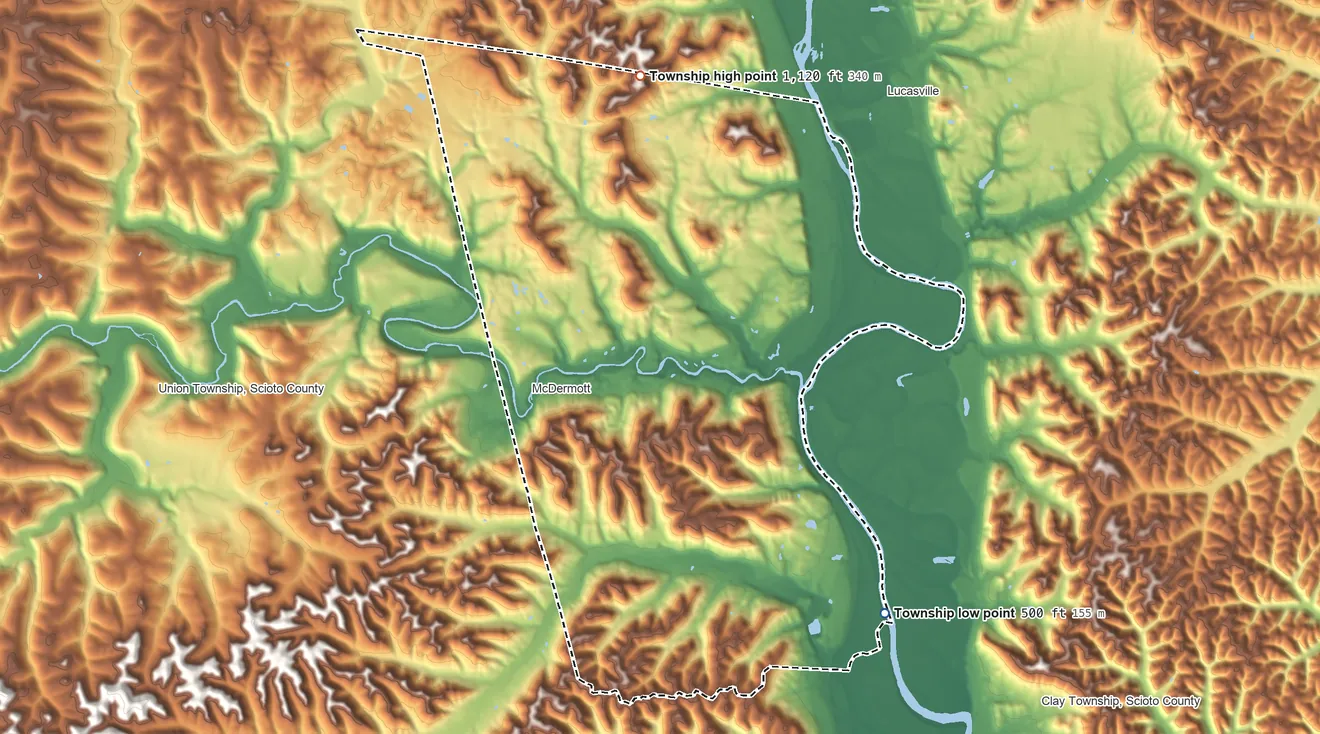 Topographic elevation map of Rush Township, Ohio, shaded from 500 ft on the southeast side to 1,120 ft on the north side