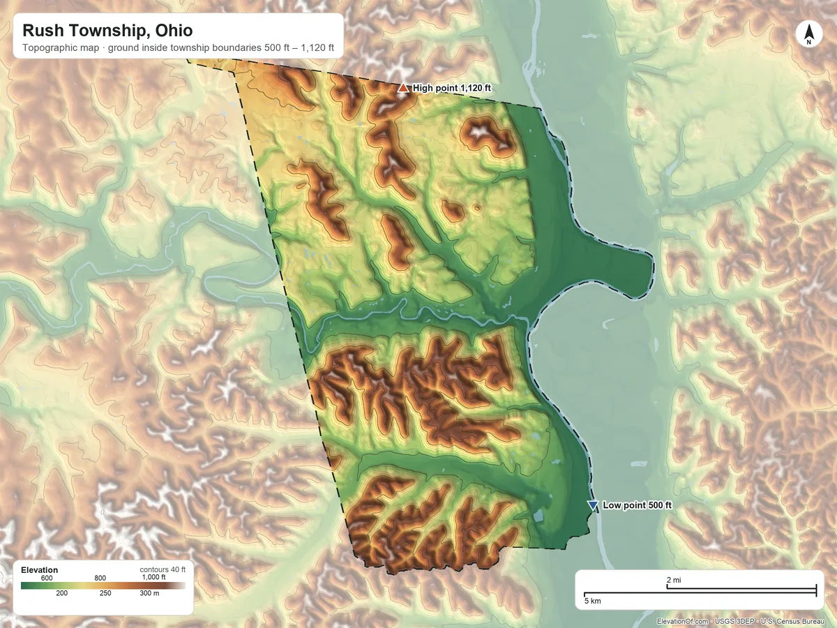 Topographic elevation map of Rush Township, Ohio, shaded from 500 ft on the southeast side to 1,120 ft on the north side