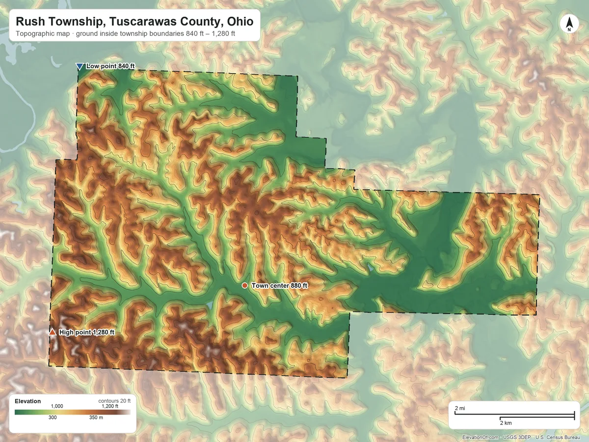 Topographic elevation map of Rush Township, Tuscarawas County, Ohio, shaded from 840 ft on the northwest side to 1,280 ft on the west side