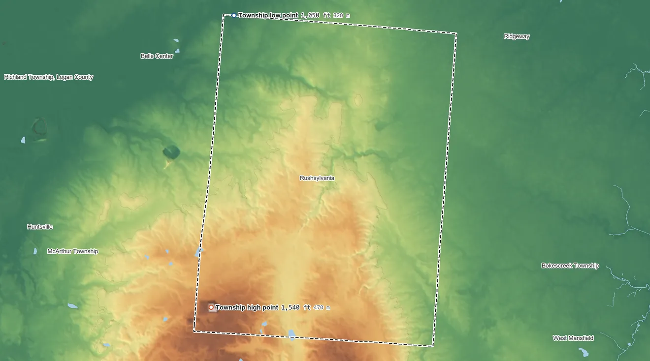 Topographic elevation map of Rushcreek Township, Ohio, shaded from 1,050 ft on the northwest side to 1,540 ft on the southwest side