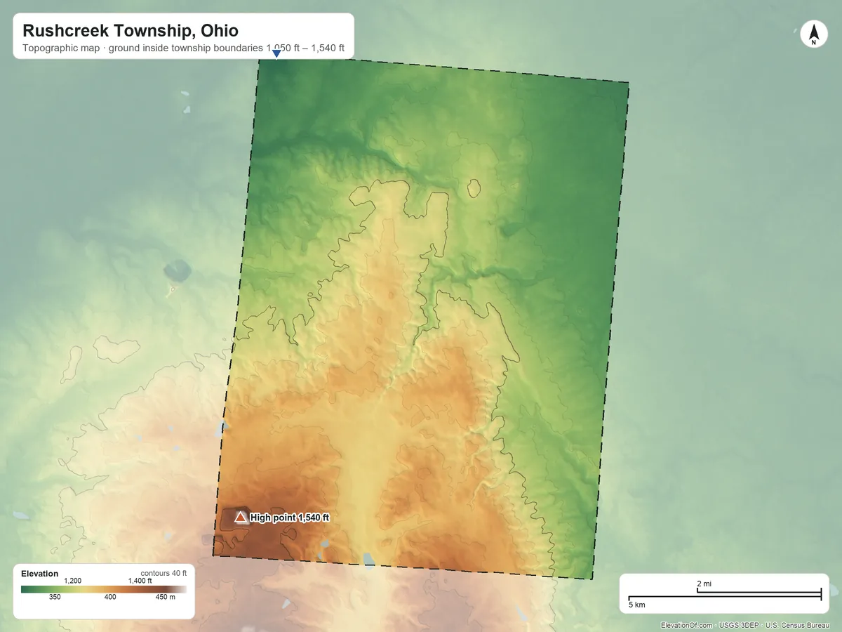Topographic elevation map of Rushcreek Township, Ohio, shaded from 1,050 ft on the northwest side to 1,540 ft on the southwest side