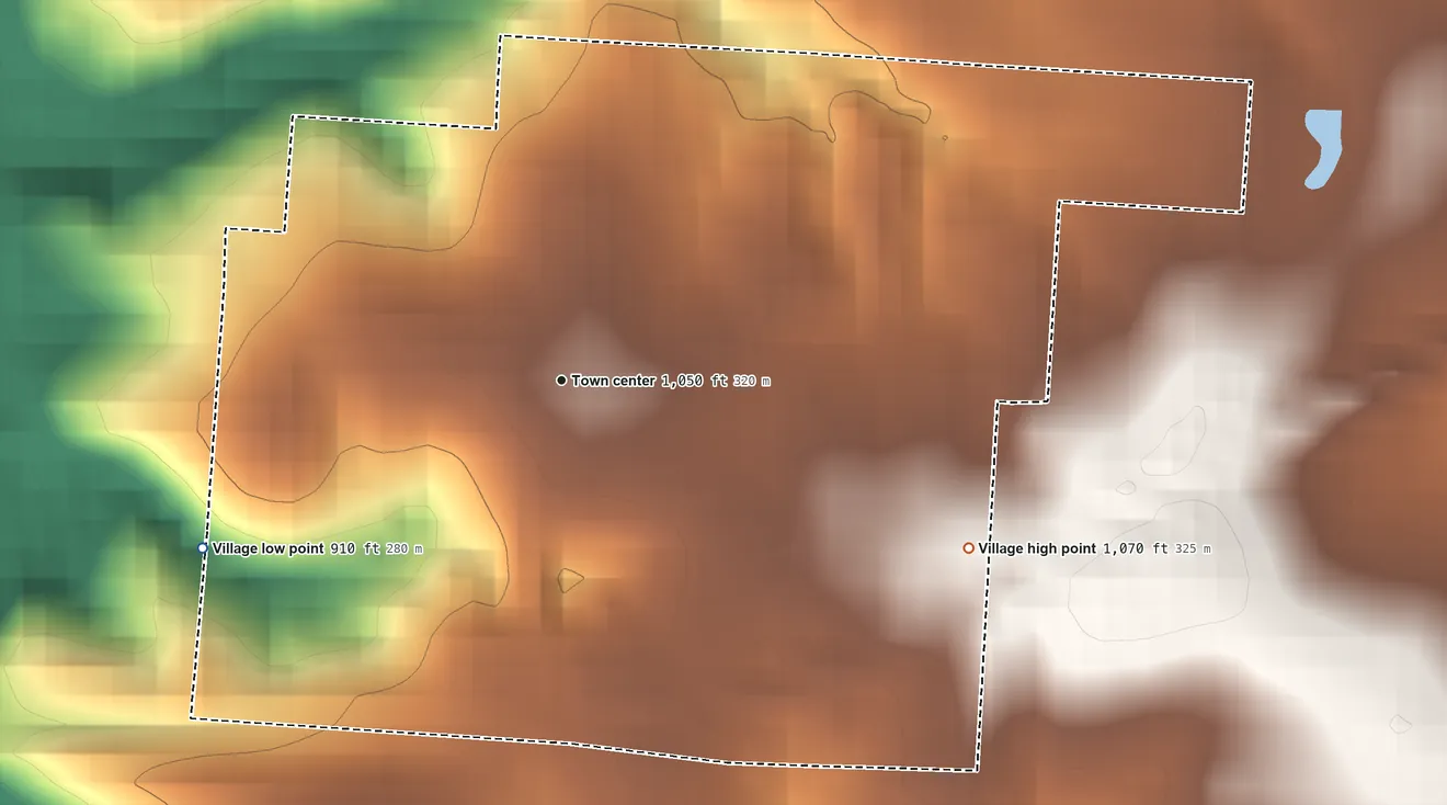 Topographic elevation map of Rushville, Ohio, shaded from 910 ft on the southwest side to 1,070 ft on the east side