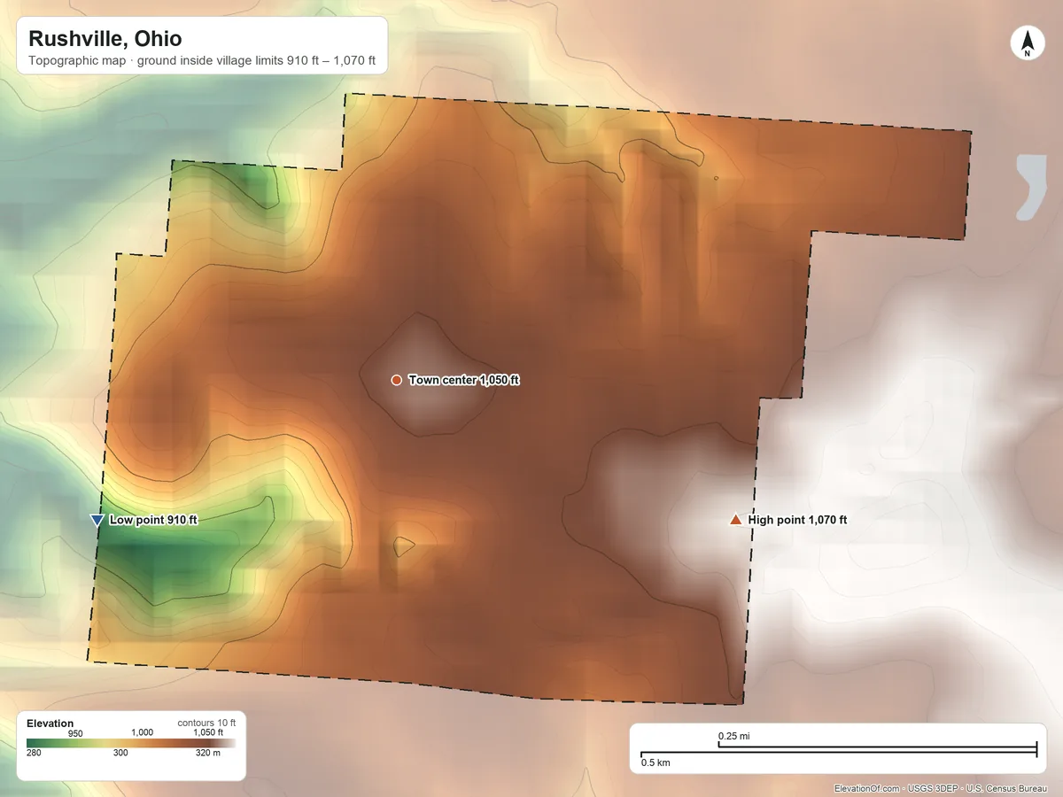 Topographic elevation map of Rushville, Ohio, shaded from 910 ft on the southwest side to 1,070 ft on the east side