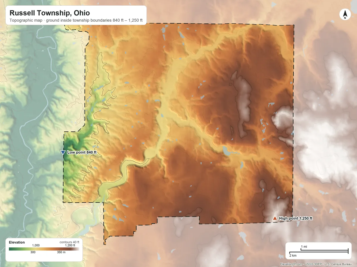 Topographic elevation map of Russell Township, Ohio, shaded from 840 ft on the west side to 1,250 ft on the southeast side