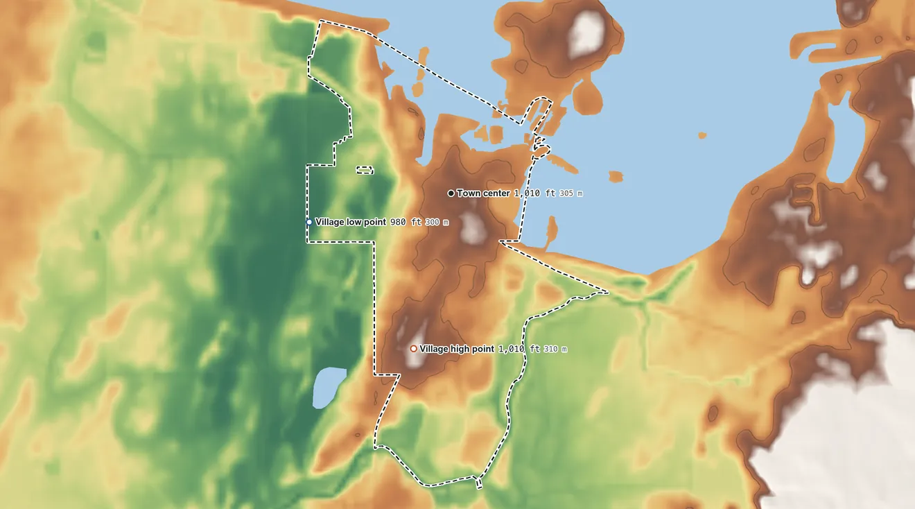 Topographic elevation map of Russells Point, Ohio, shaded from 980 ft on the west side to 1,010 ft on the south side
