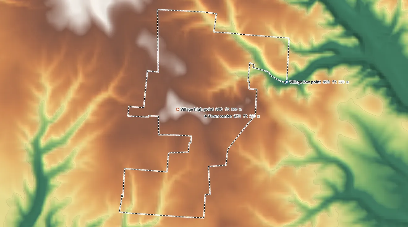 Topographic elevation map of Russellville, Ohio, shaded from 890 ft on the northeast side to 980 ft on the west side