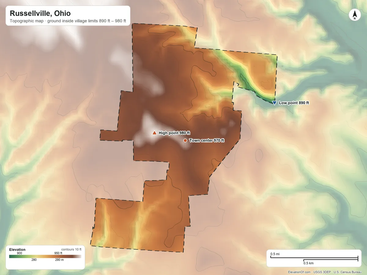 Topographic elevation map of Russellville, Ohio, shaded from 890 ft on the northeast side to 980 ft on the west side