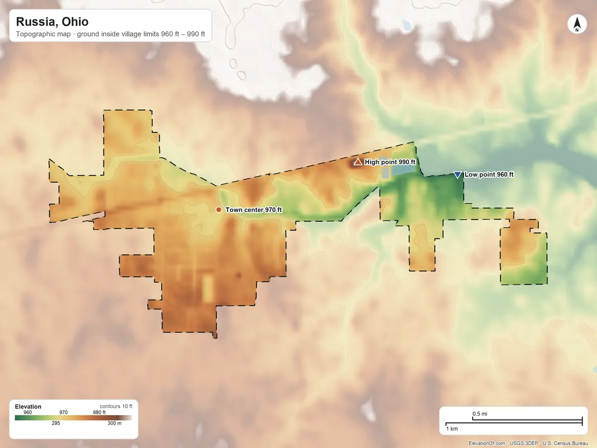 Topographic elevation map of Russia, Ohio, shaded from 960 ft on the east side to 990 ft on the east side