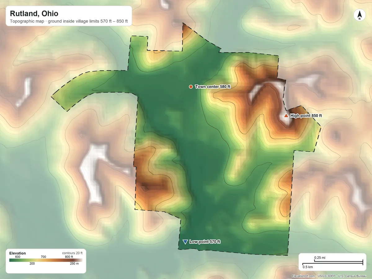 Topographic elevation map of Rutland, Ohio, shaded from 570 ft on the south side to 850 ft on the east side