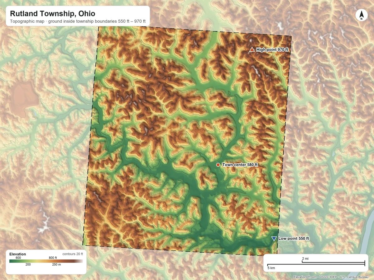 Topographic elevation map of Rutland Township, Ohio, shaded from 550 ft on the southeast side to 970 ft on the north side