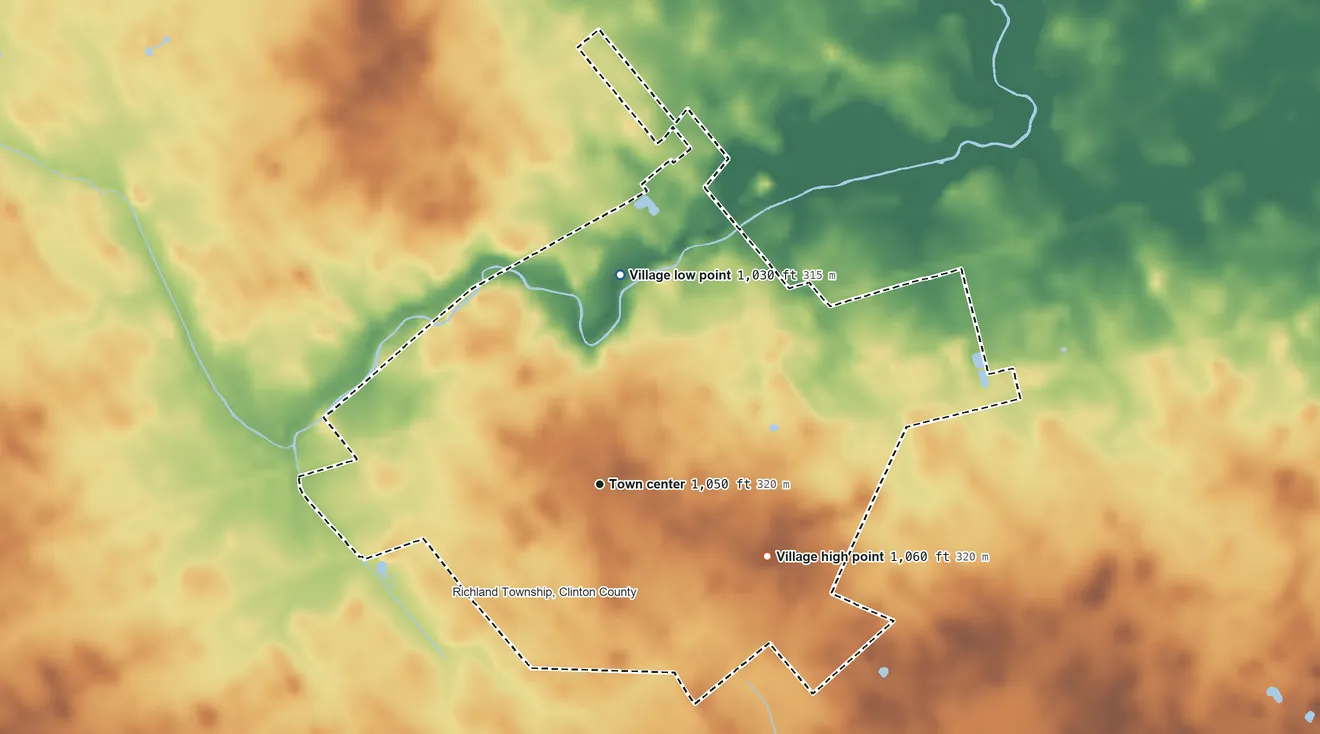 Topographic elevation map of Sabina, Ohio, shaded from 1,030 ft on the north side to 1,060 ft on the southeast side