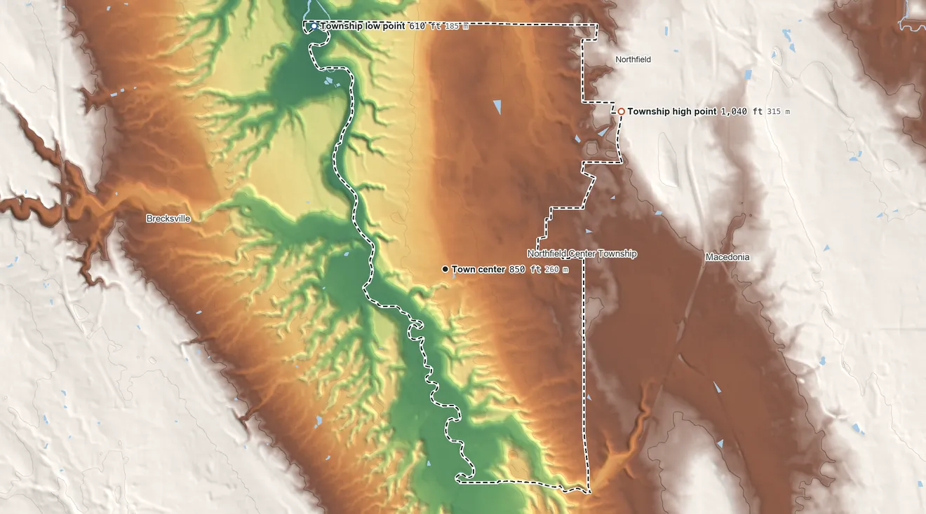 Topographic elevation map of Sagamore Hills Township, Ohio, shaded from 610 ft on the northwest side to 1,040 ft on the northeast side