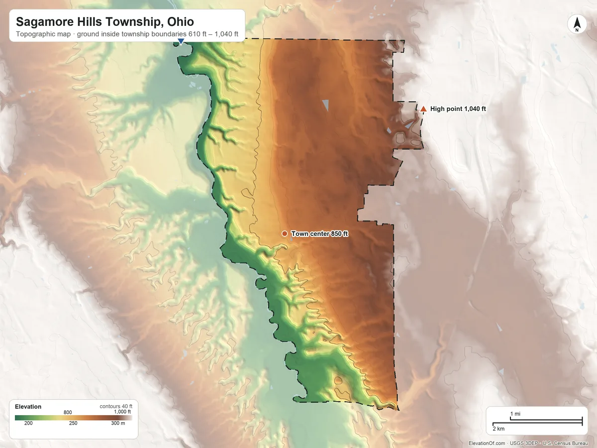 Topographic elevation map of Sagamore Hills Township, Ohio, shaded from 610 ft on the northwest side to 1,040 ft on the northeast side