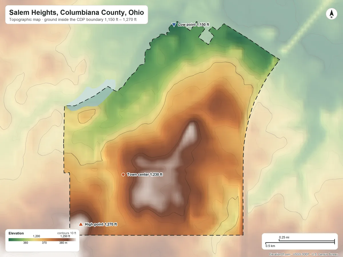 Topographic elevation map of Salem Heights, Columbiana County, Ohio, shaded from 1,150 ft on the north side to 1,270 ft on the southwest side