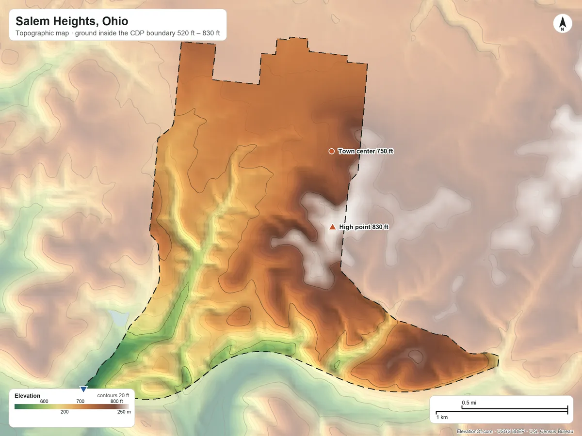 Topographic elevation map of Salem Heights, Ohio, shaded from 520 ft on the southwest side to 830 ft on the south side