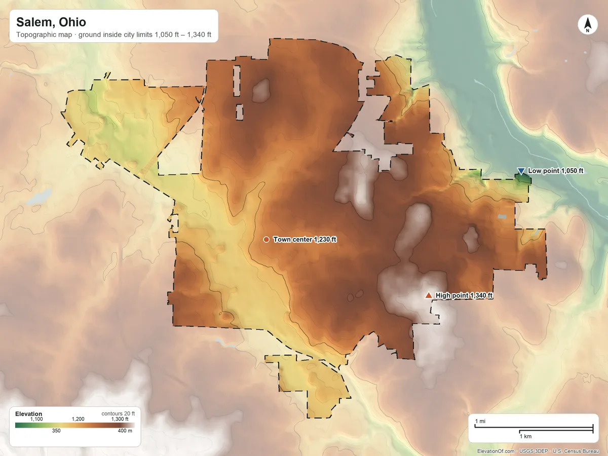 Topographic elevation map of Salem, Ohio, shaded from 1,050 ft on the east side to 1,340 ft on the east side