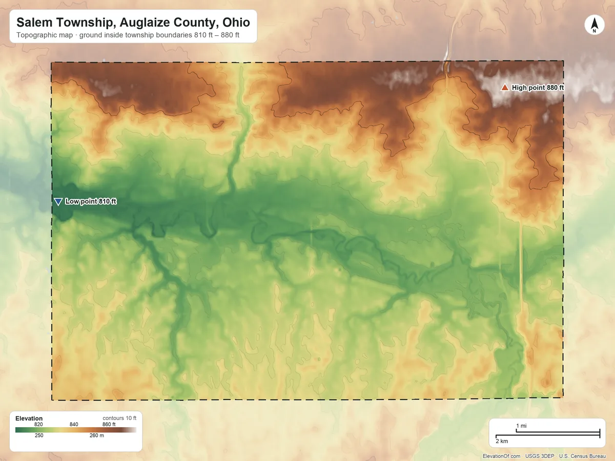 Topographic elevation map of Salem Township, Auglaize County, Ohio, shaded from 810 ft on the west side to 880 ft on the northeast side