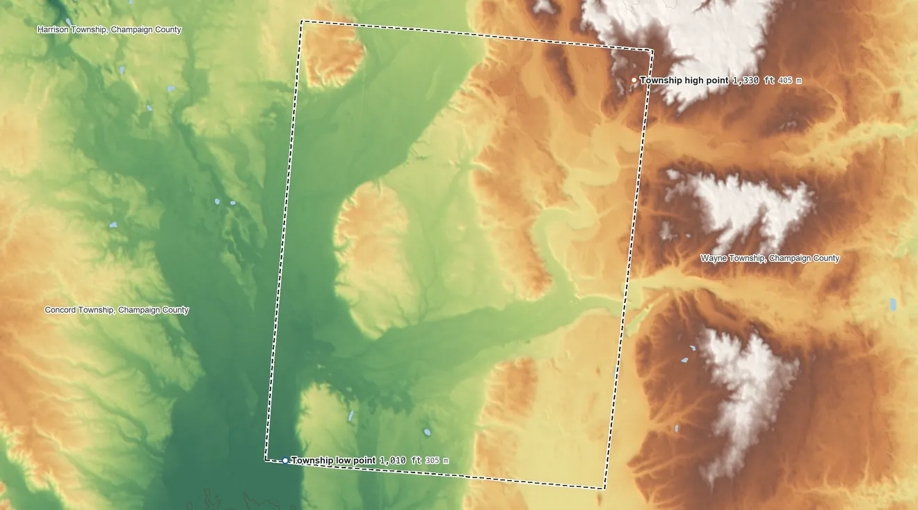 Topographic elevation map of Salem Township, Champaign County, Ohio, shaded from 1,010 ft on the southwest side to 1,330 ft on the northeast side
