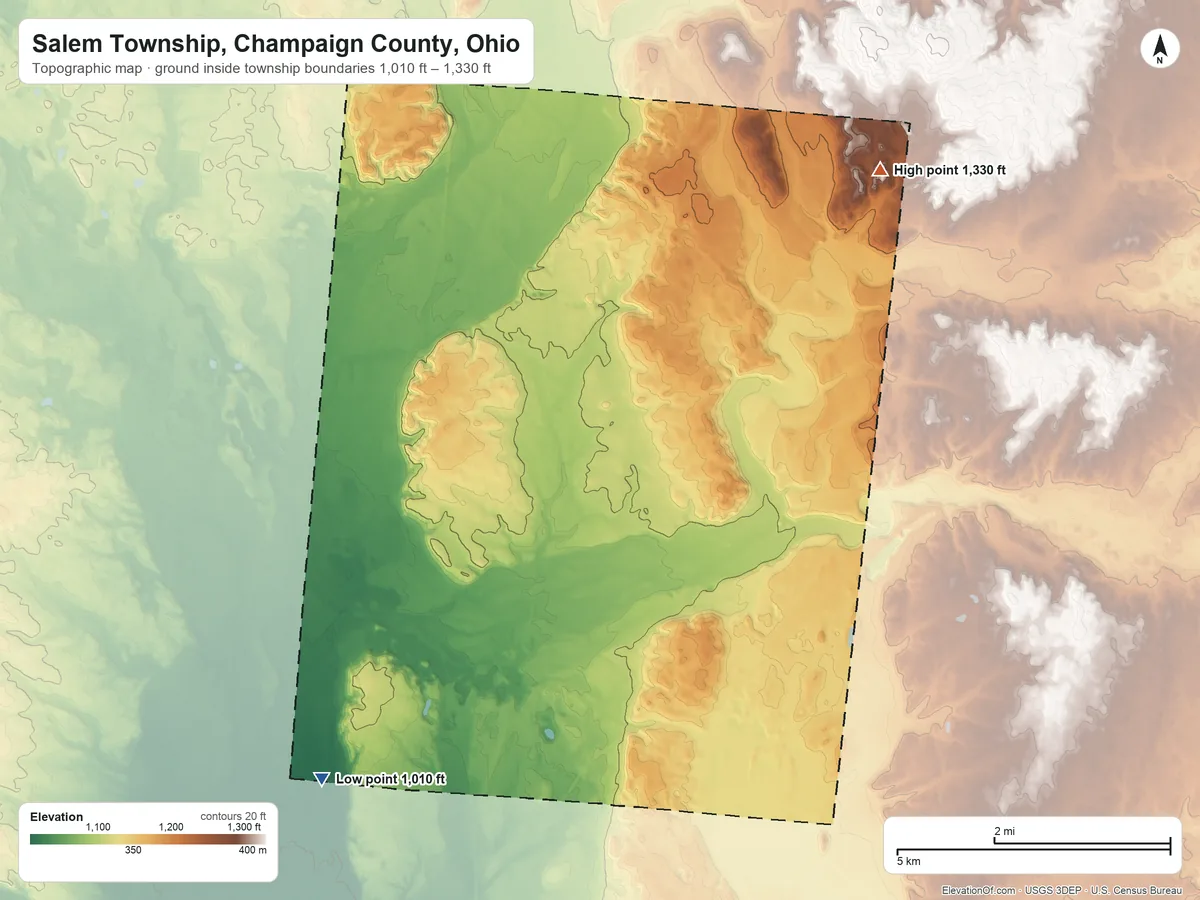 Topographic elevation map of Salem Township, Champaign County, Ohio, shaded from 1,010 ft on the southwest side to 1,330 ft on the northeast side
