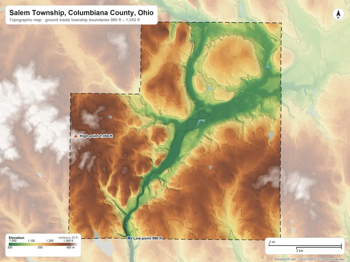 Topographic elevation map of Salem Township, Columbiana County, Ohio, shaded from 980 ft on the southwest side to 1,350 ft on the west side
