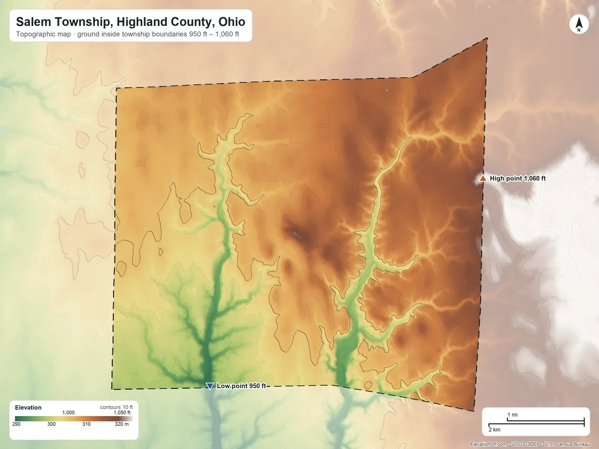 Topographic elevation map of Salem Township, Highland County, Ohio, shaded from 950 ft on the southwest side to 1,060 ft on the east side