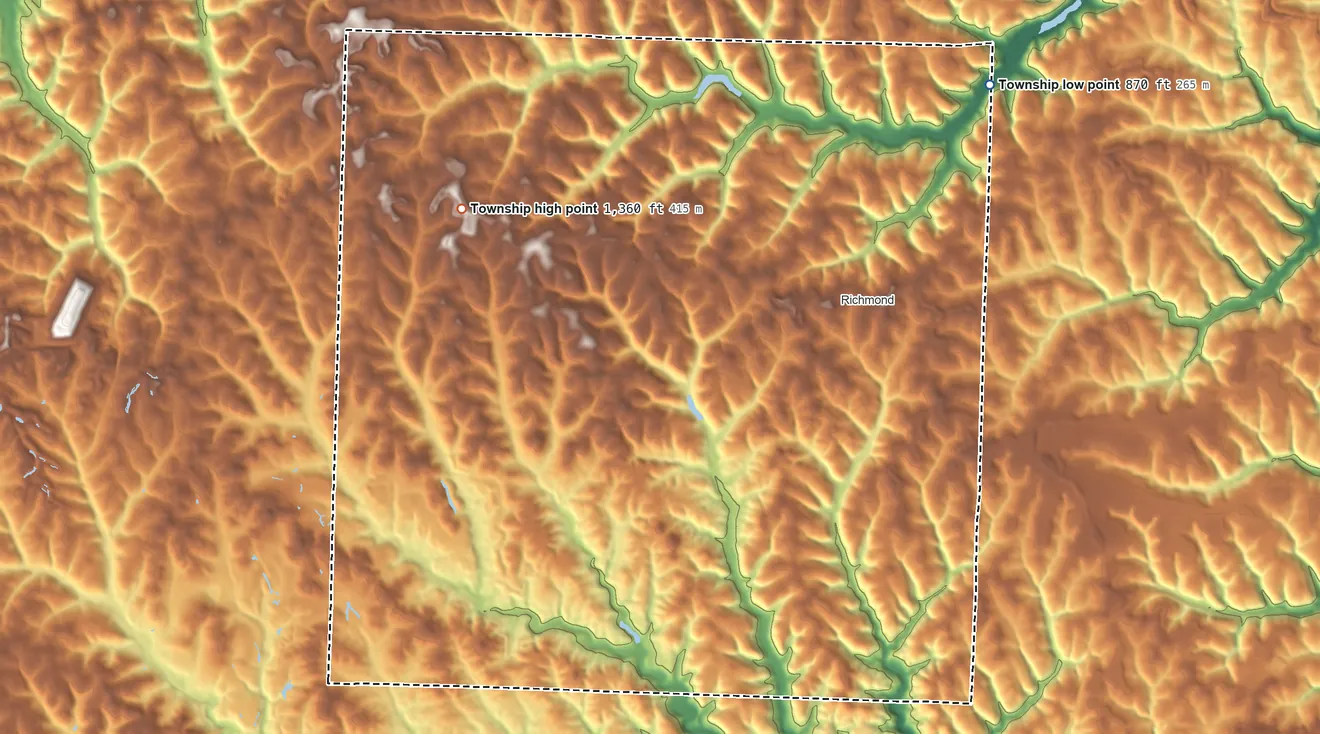 Topographic elevation map of Salem Township, Jefferson County, Ohio, shaded from 870 ft on the northeast side to 1,360 ft on the northwest side