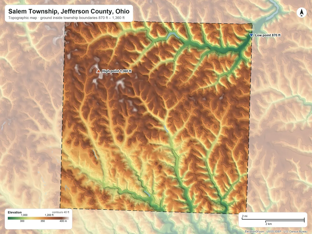 Topographic elevation map of Salem Township, Jefferson County, Ohio, shaded from 870 ft on the northeast side to 1,360 ft on the northwest side