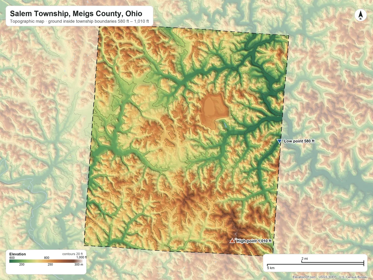 Topographic elevation map of Salem Township, Meigs County, Ohio, shaded from 580 ft on the east side to 1,010 ft on the southeast side