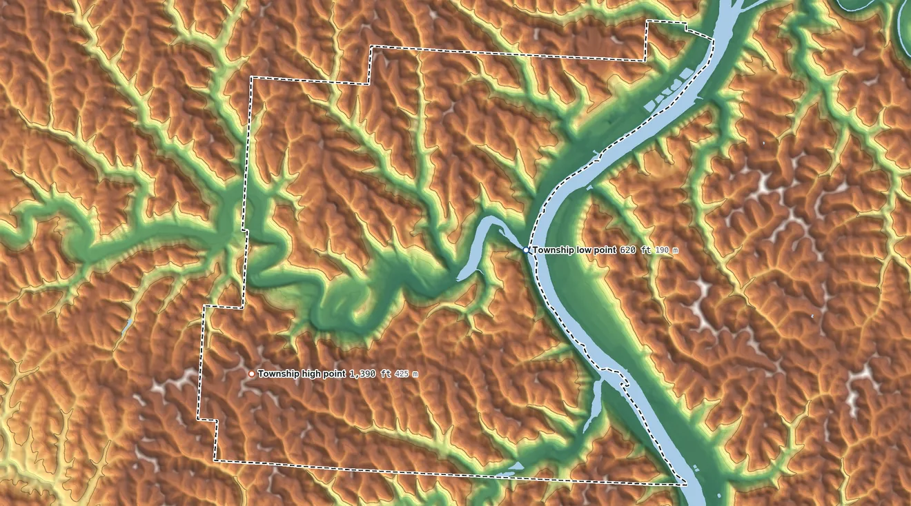 Topographic elevation map of Salem Township, Monroe County, Ohio, shaded from 620 ft on the east side to 1,390 ft on the southwest side