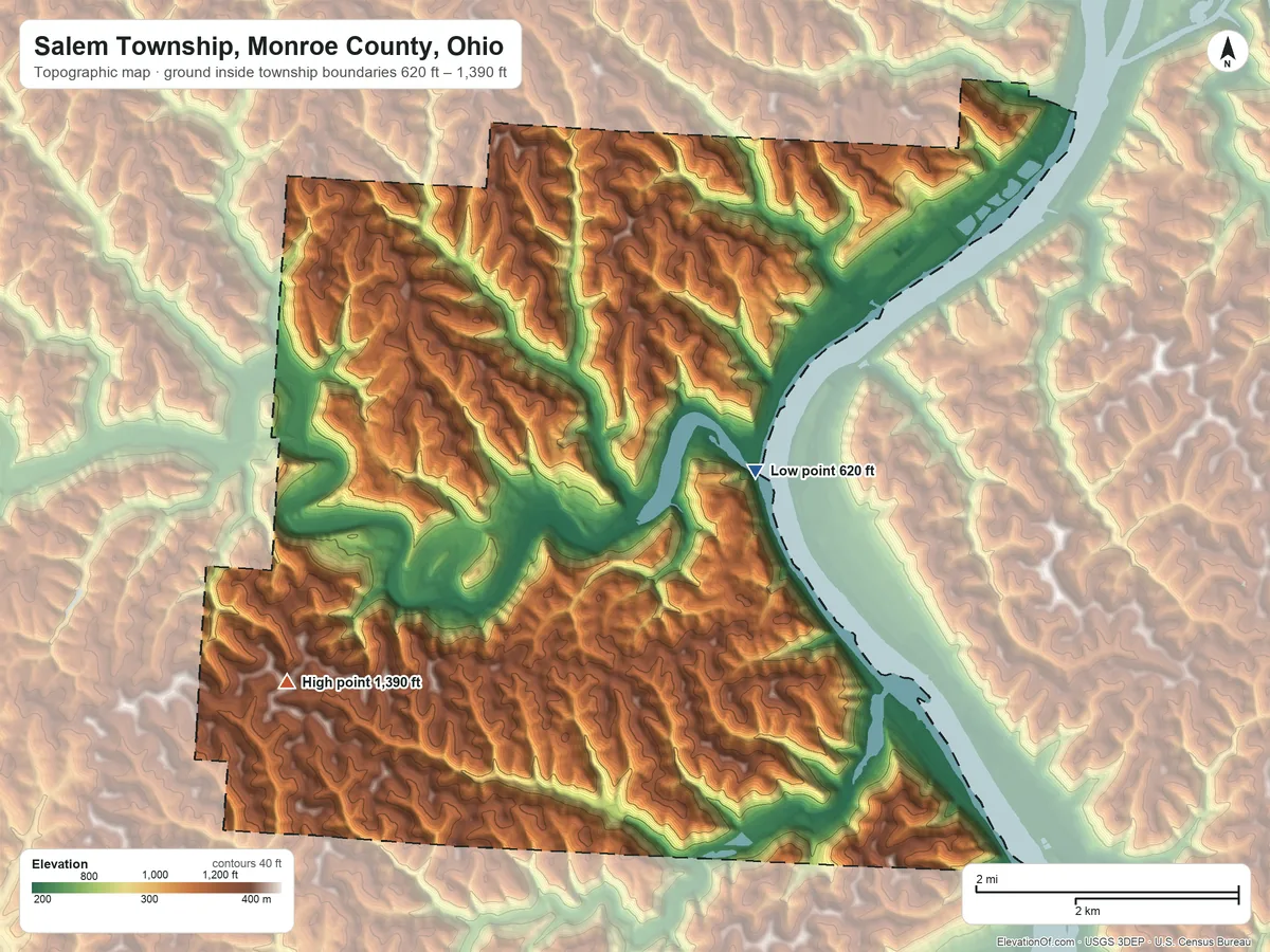 Topographic elevation map of Salem Township, Monroe County, Ohio, shaded from 620 ft on the east side to 1,390 ft on the southwest side