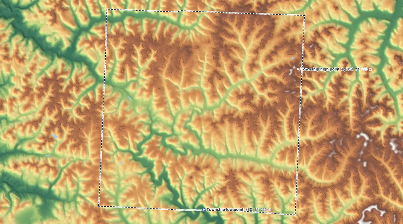 Topographic elevation map of Salem Township, Muskingum County, Ohio, shaded from 780 ft on the south side to 1,100 ft on the east side