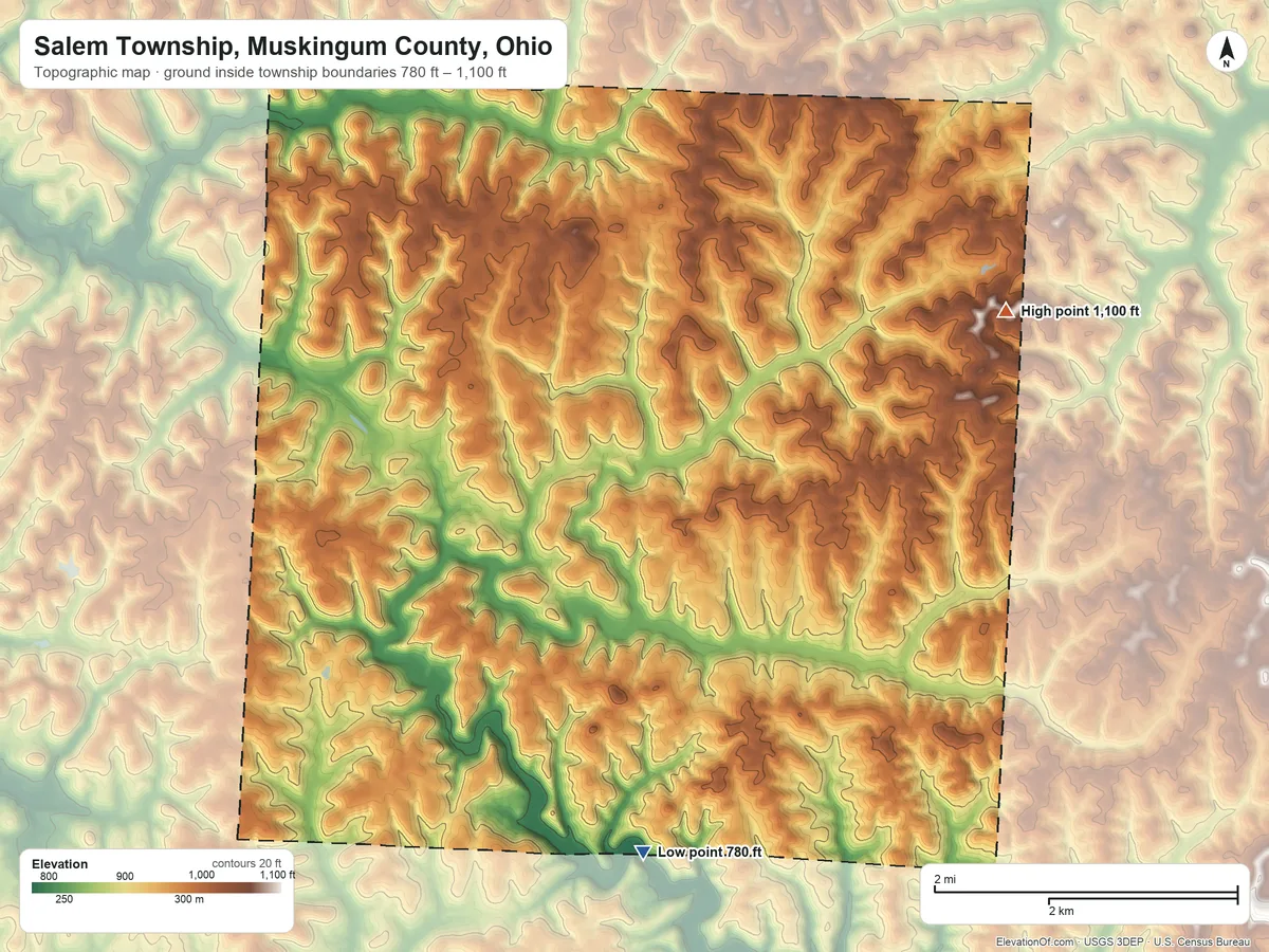 Topographic elevation map of Salem Township, Muskingum County, Ohio, shaded from 780 ft on the south side to 1,100 ft on the east side