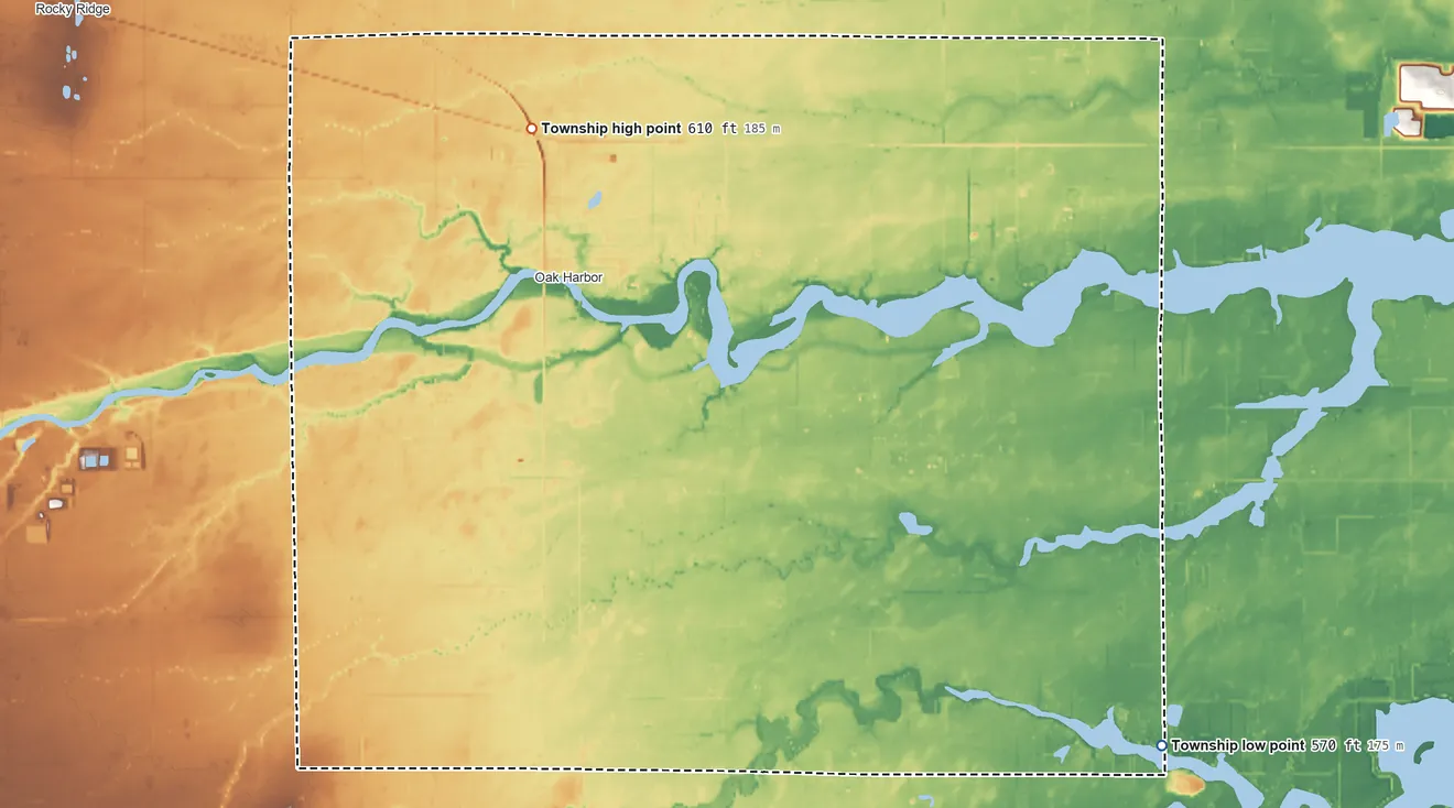 Topographic elevation map of Salem Township, Ottawa County, Ohio, shaded from 570 ft on the southeast side to 610 ft on the northwest side
